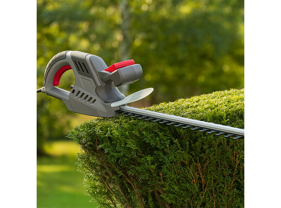 Το ηλεκτρικό μπορντουροψάλιδο πάνω σε έναν πάγκο εργασίας.